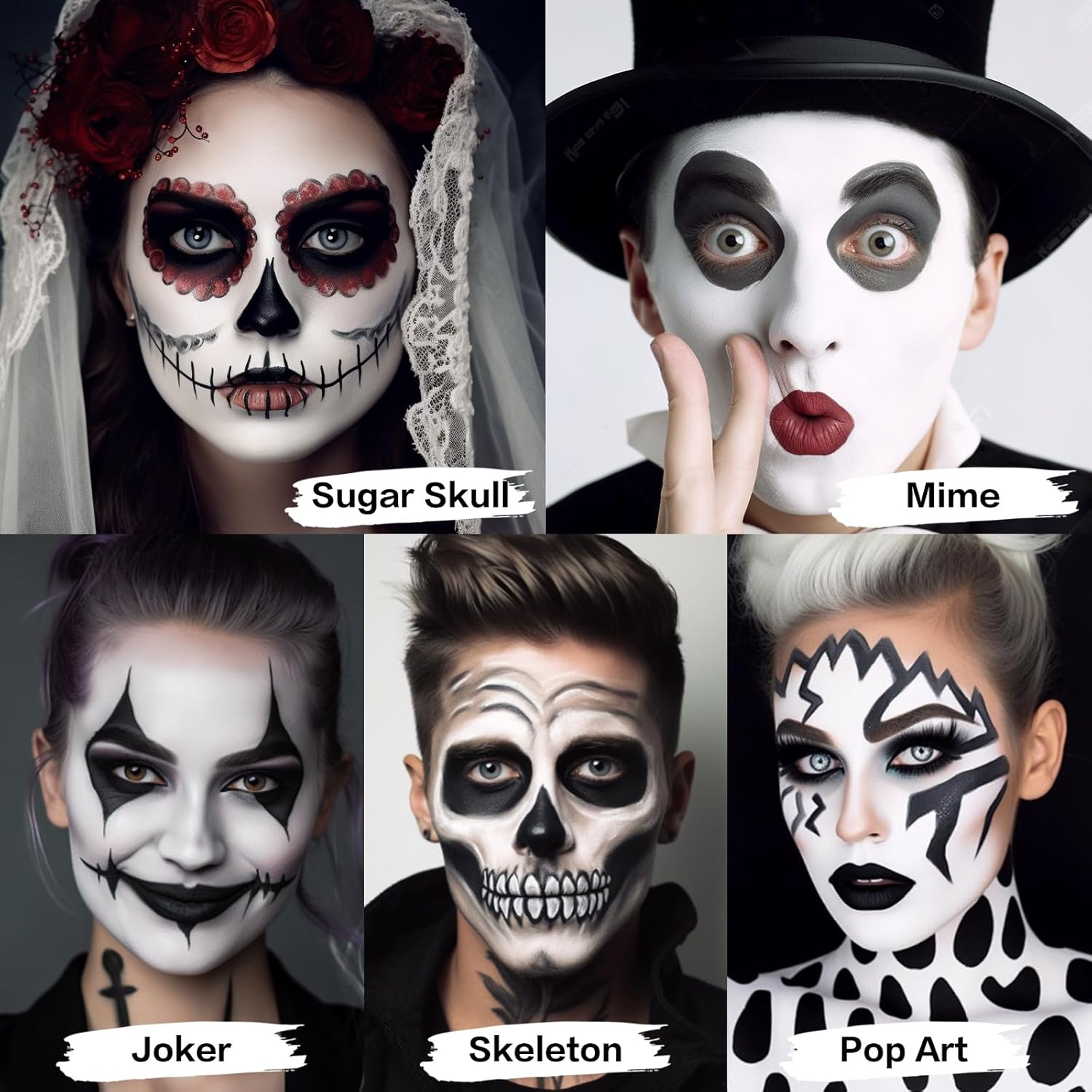 Pintura facial negra y blanca de payaso con 3 pinceles de pintura, paleta de maquillaje SFX a base de agua para niños y adultos, pintura facial no