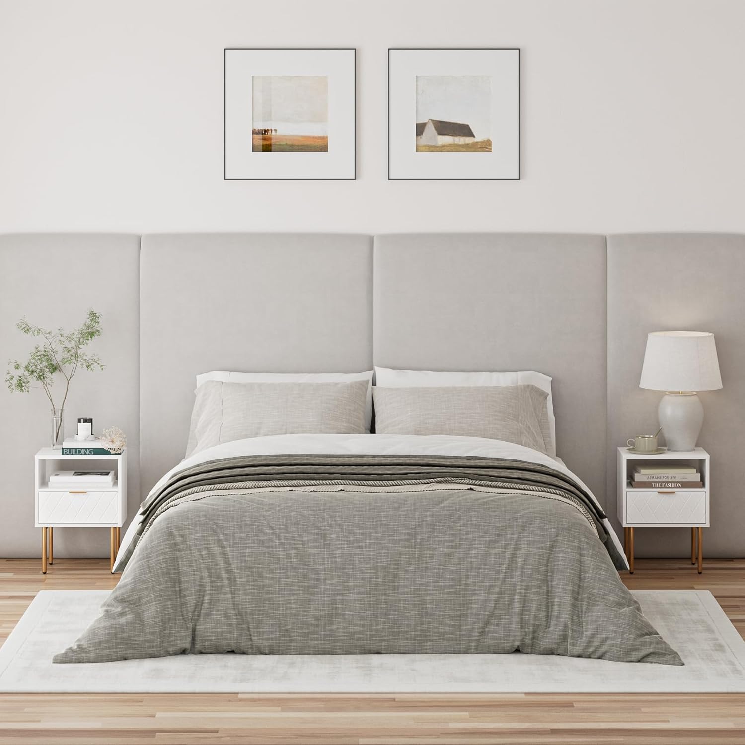 Masupu Mesita de noche, mesita de noche pequeña con cajón, mesita de noche blanca, muebles de noche, mesa auxiliar con marco dorado, cómoda con