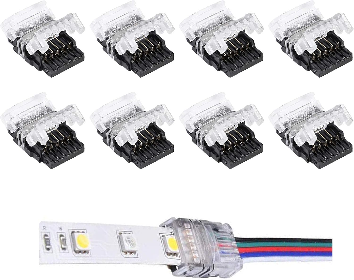 SUPERNIGHT Conectores LED de 5 pines, paquete de 8 para tiras de luces LED impermeables RGBW RGBWW 5050, conexión rápida de tira a cable sin