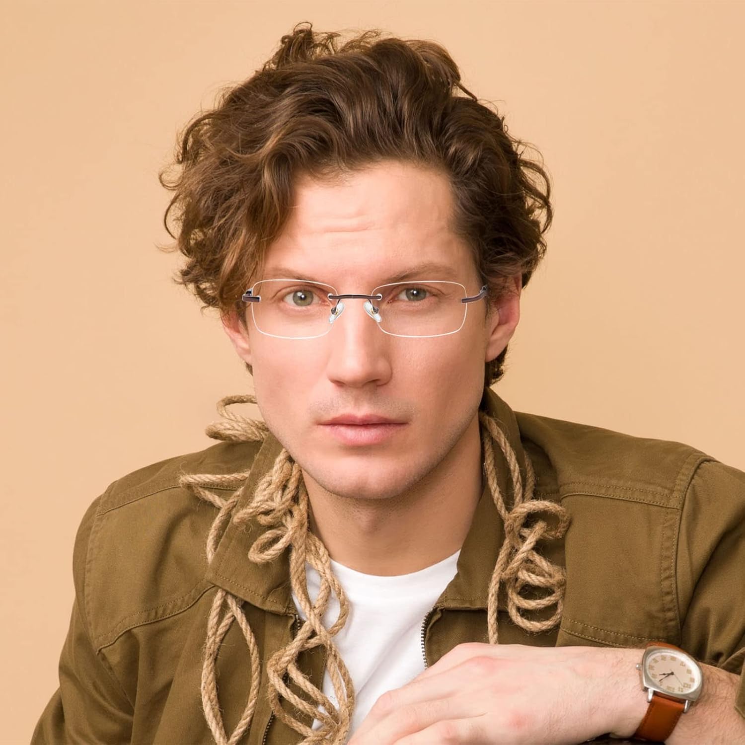 Gafas de lectura sin montura para hombre, con bloqueo de luz azul, lentes de metal para hombre, antideslumbramiento