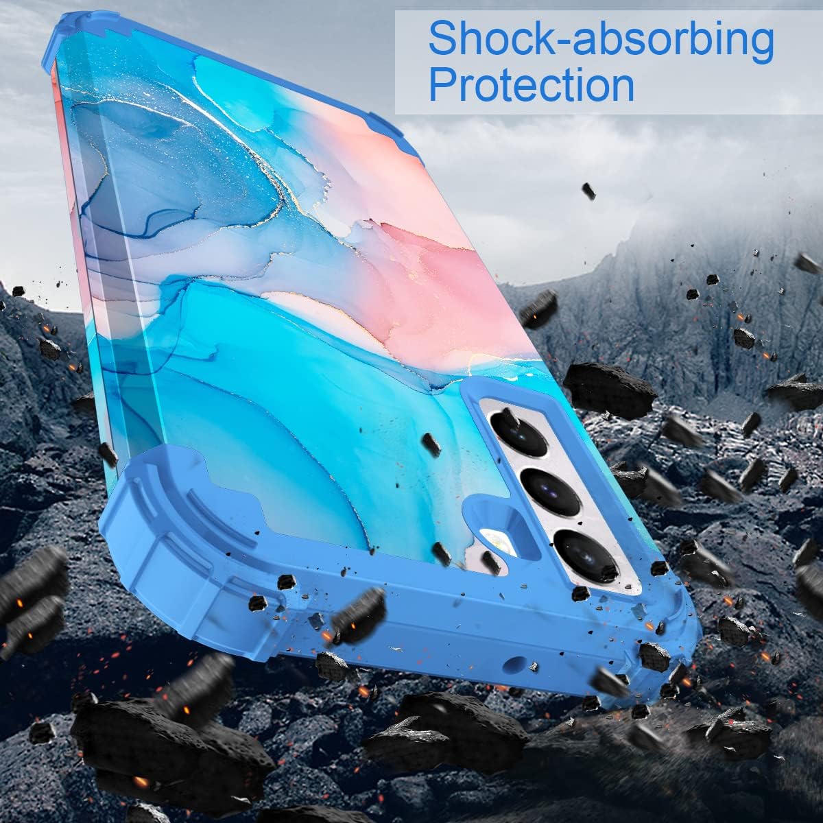 Fingic Funda Samsung Galaxy S22 Plus de mármol 3 en 1, protección híbrida de policarbonato duro, silicona suave, resistente, a prueba de golpes,