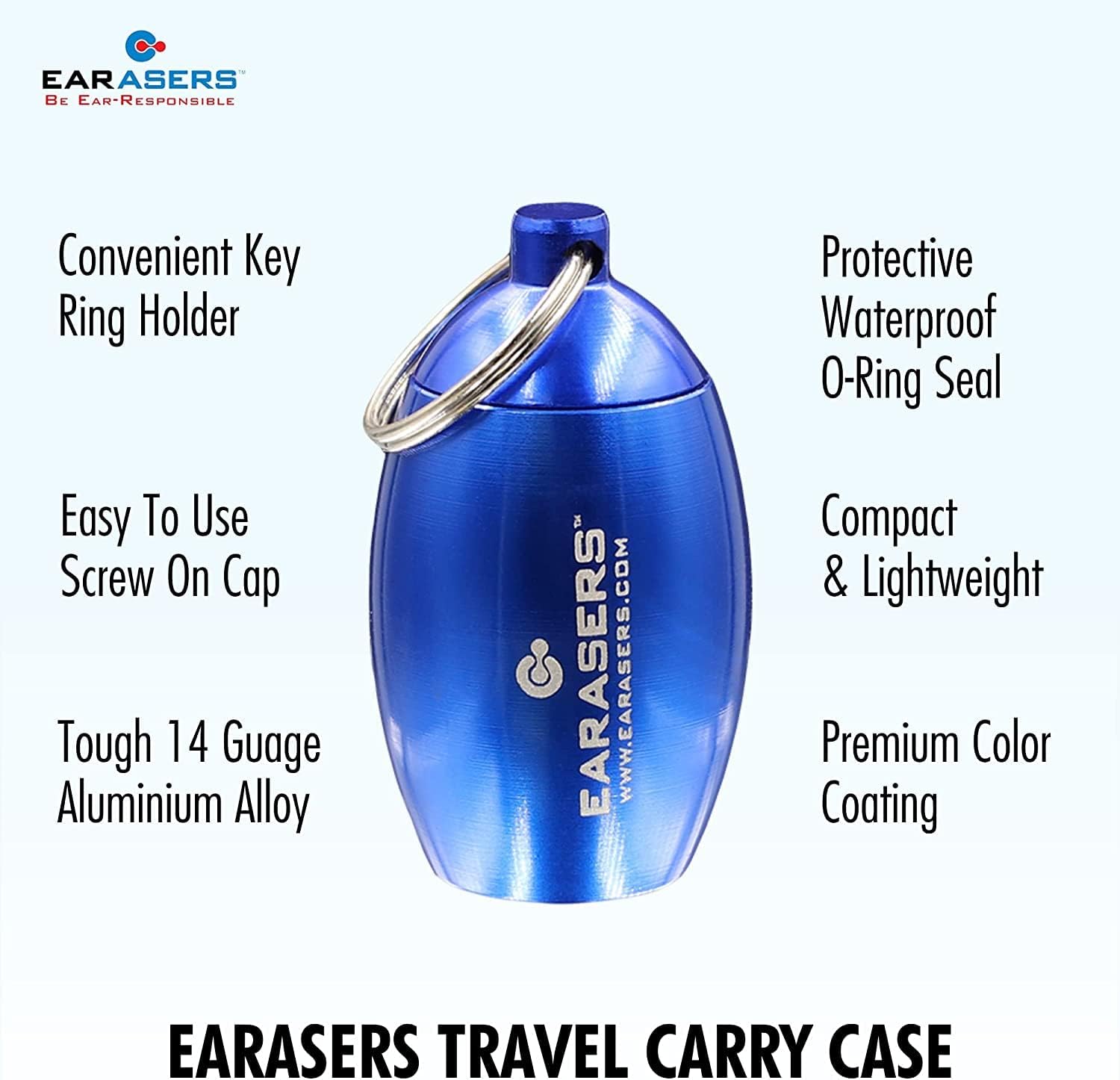 EARasers Tapones para los oídos llavero estuche de transporte – Tapones para los oídos impermeables de aluminio y soporte para pastillas (azul)