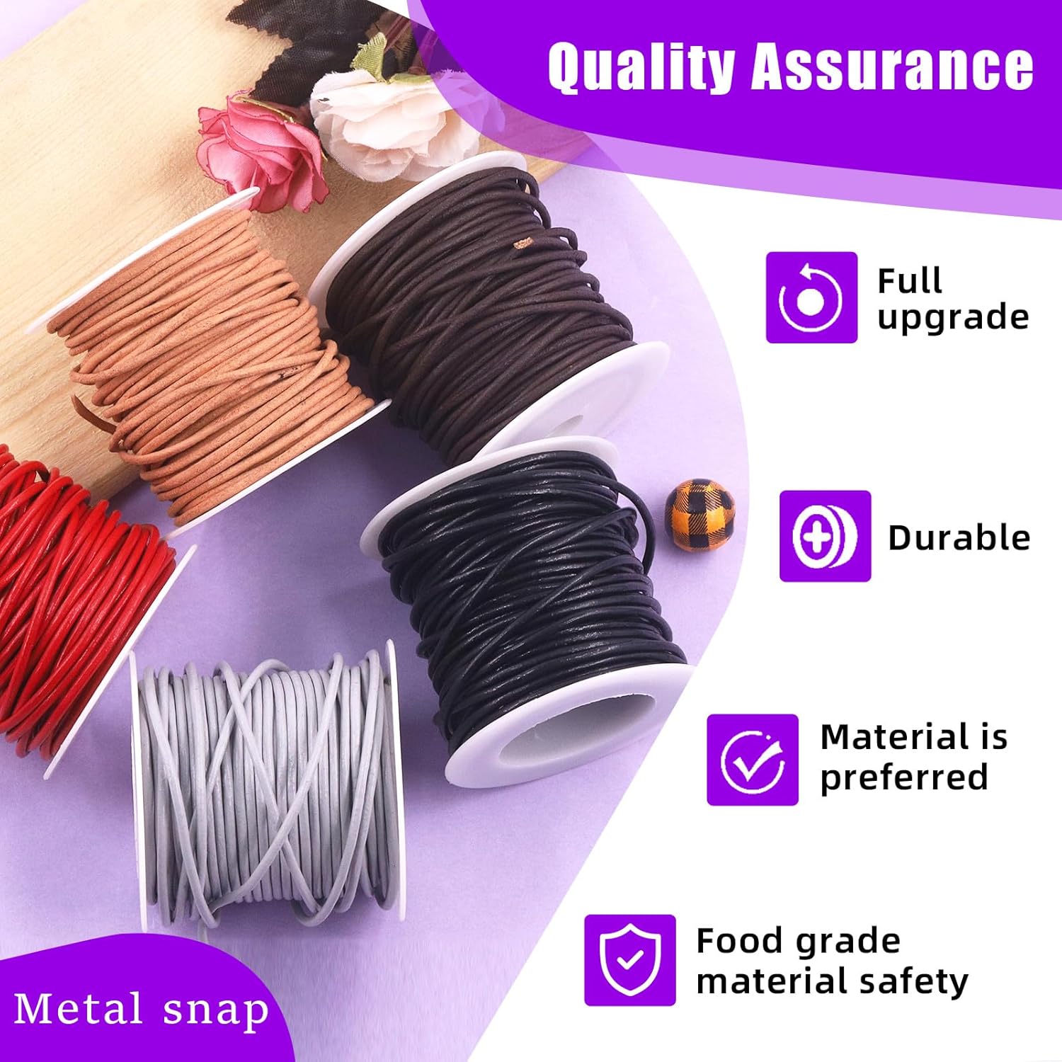 Swpeet 1 rollo de cuerda de cuero de color natural de 0.079 in x 11 yardas, cuerda de cuero de vaca redonda para manualidades, cuerda de cuero crudo