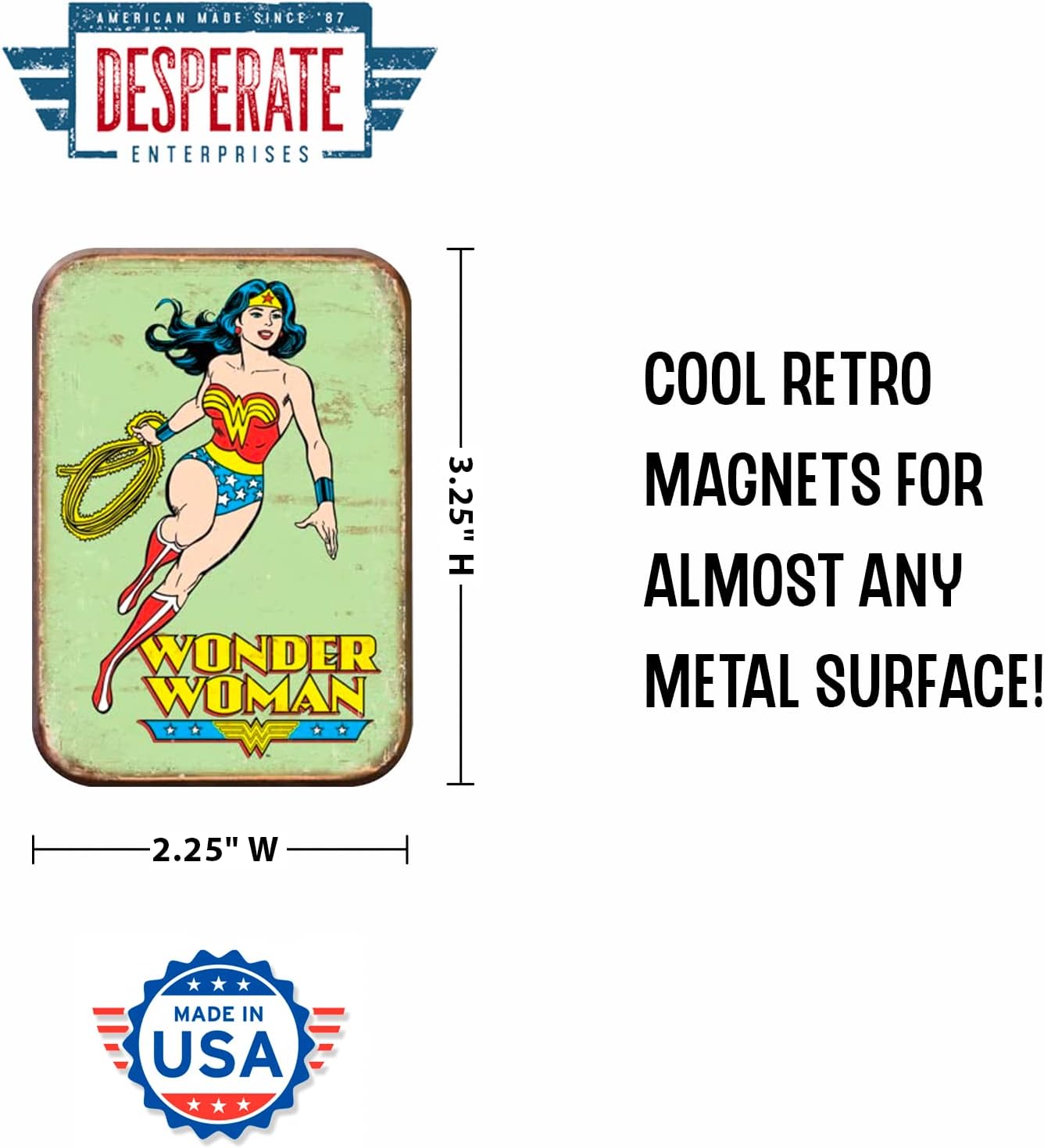 Desperate Enterprises Wonder Woman – Imán retro para refrigerador, divertidos imanes para oficina, hogar y escuela, fabricado en los Estados Unidos