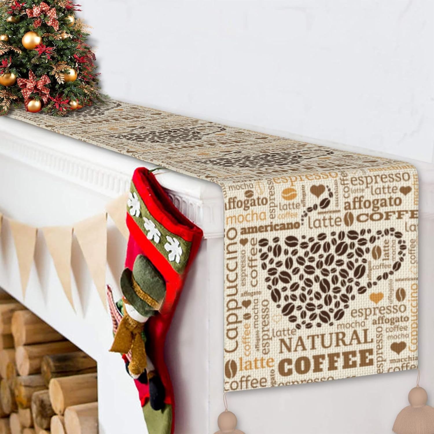 Tazas de café hechas de granos de café, camino de mesa de Navidad, decoración de mesa de comedor, decoración de Navidad, decoración de interiores
