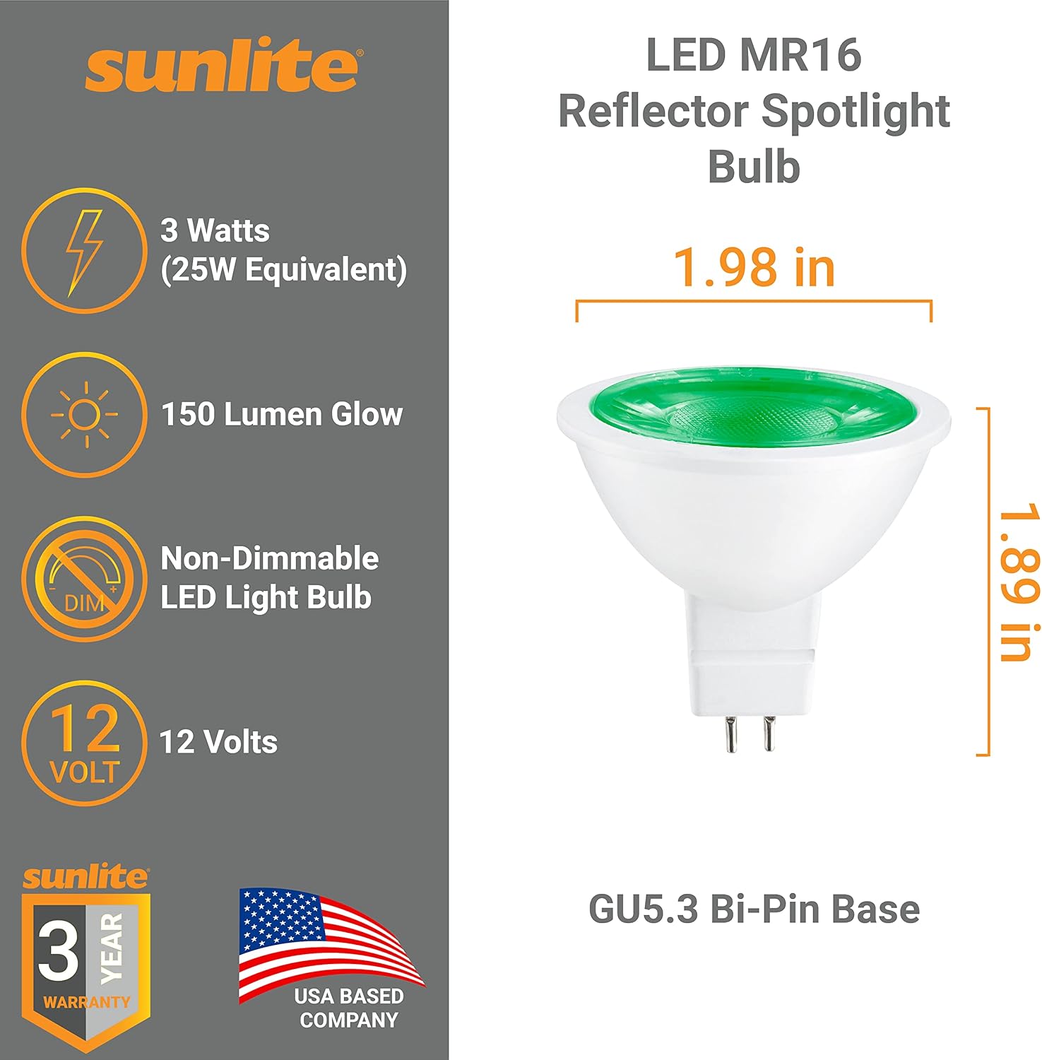 Sunlite 80857 Bombilla LED MR16 reflectora, 150 lúmenes, 3 vatios (ecualizador de bombilla halógena de 25 W) 12 V, base bi-pin GU5.3, no regulable,