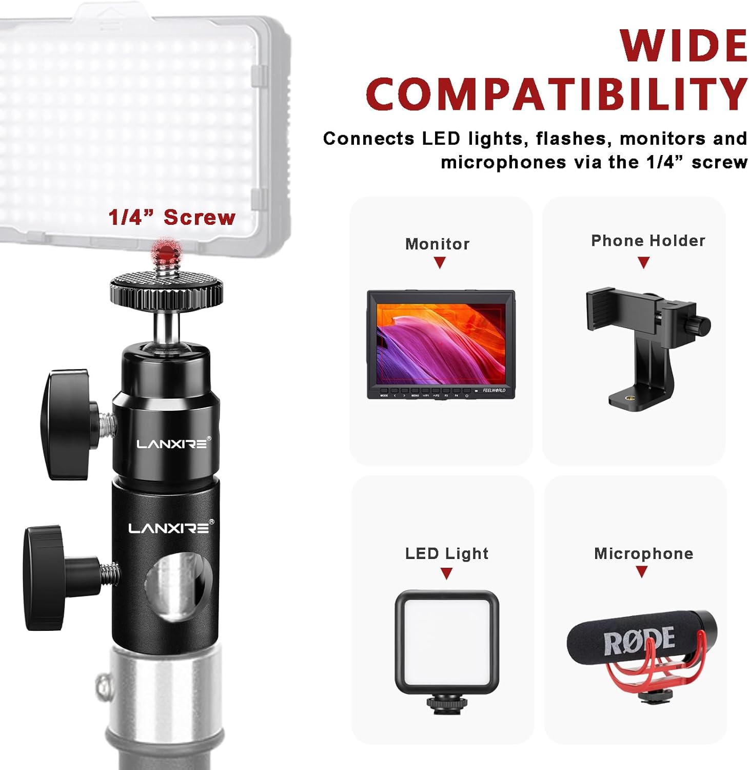 Adaptador de montaje de soporte de luz con mini cabezal de bola de tornillo de 14 pulgadas, compatible con monitor de cámara, luz de anillo, se