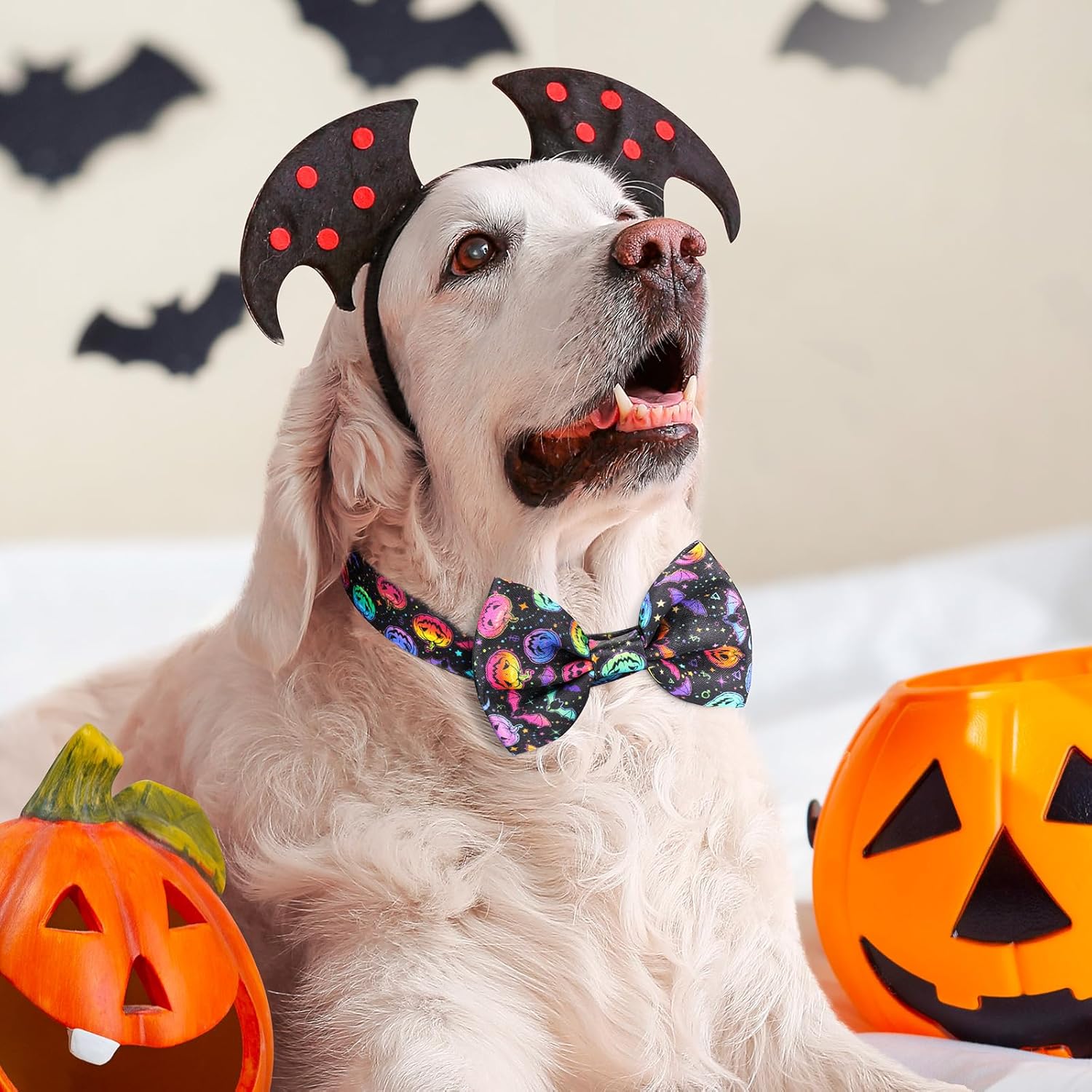 Lindo collar de perro con diseño de calabaza con corbatín para perros lindos machos, gatos, perros, collar de perro para perros pequeños, medianos y
