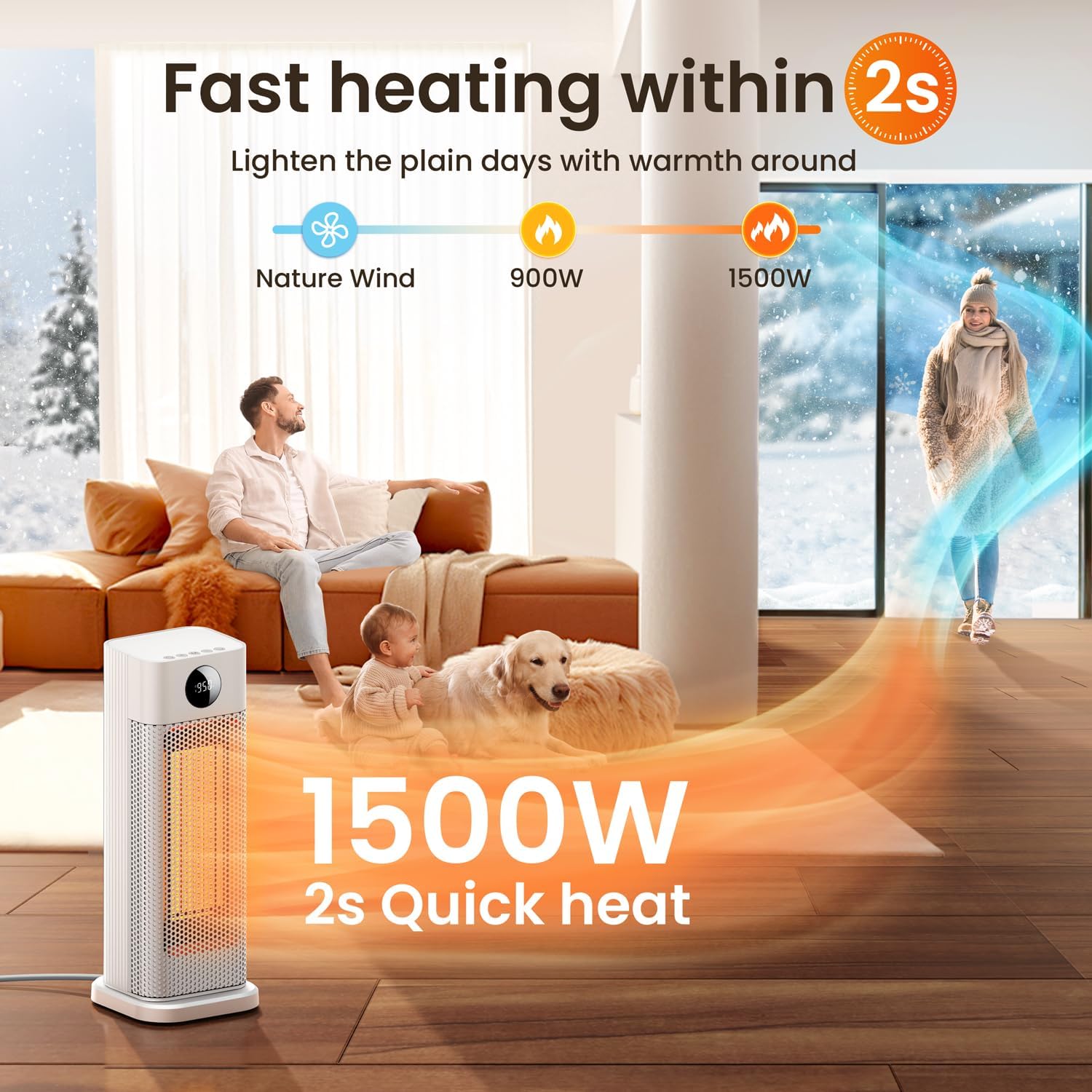 BURLAN Calentador de espacio para uso en interiores, calentador eléctrico portátil para dormitorio, calentador eléctrico PTC de 1500 W con