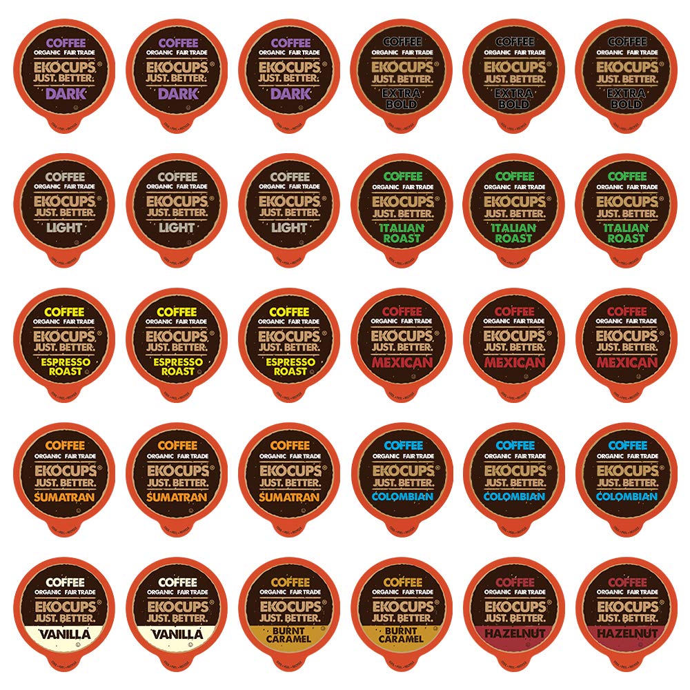 EKOCUPS Paquete de cápsulas de café orgánicas variadas de comercio justo, 30% más de café por taza, café gourmet ligero, medio y oscuro para