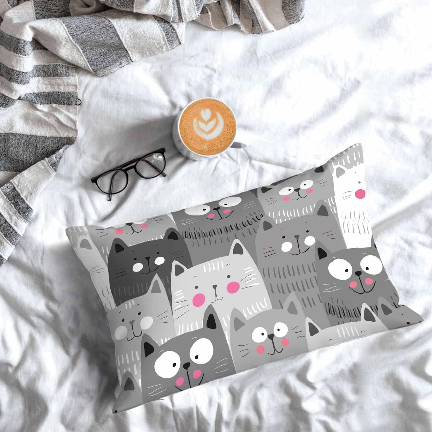 Funda de almohada blanca y gris con diseño de gatos de dibujos animados, funda de cojín lumbar para la cintura, sofá, rectangular, decorativa para