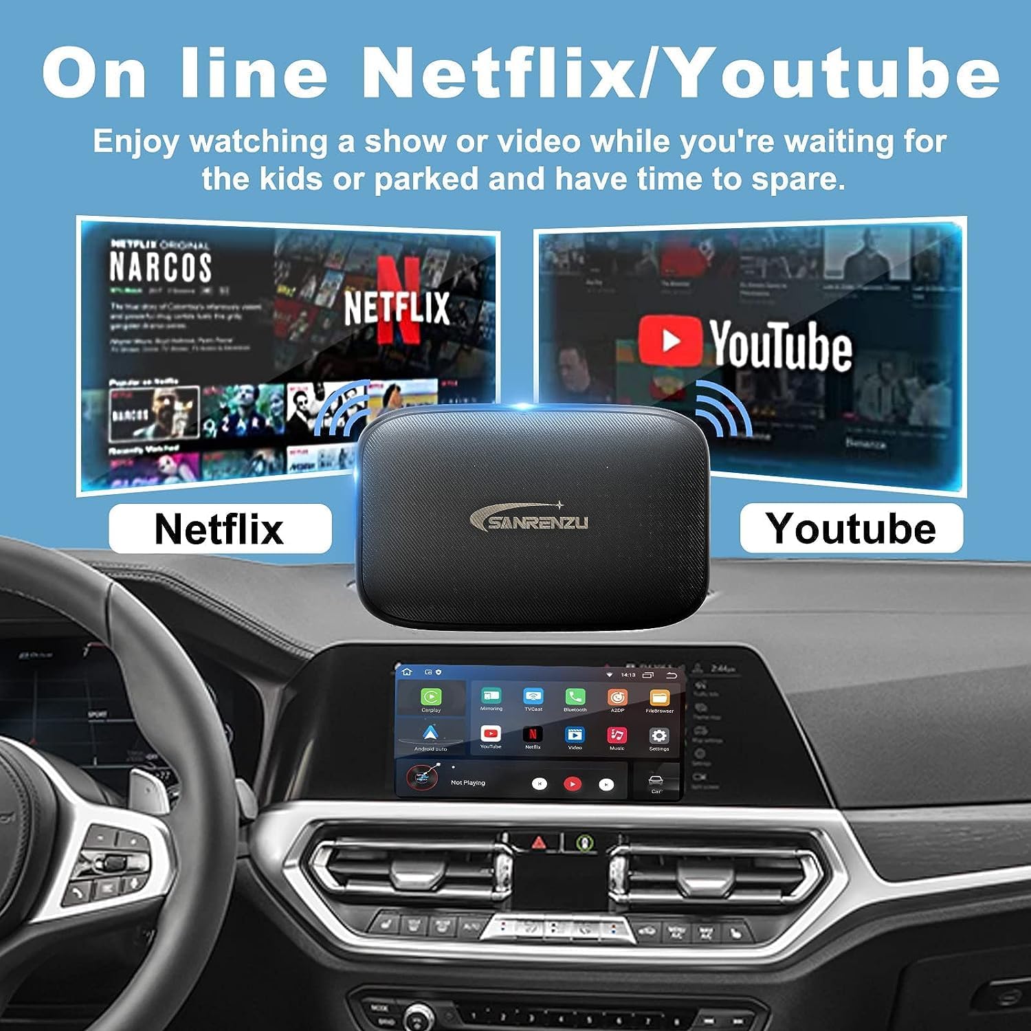 Adaptador inalámbrico CarPlayAdaptador automático Android – Caja inteligente 4 en 1 con ranura para tarjeta Micro SD Soporte en línea Netflix