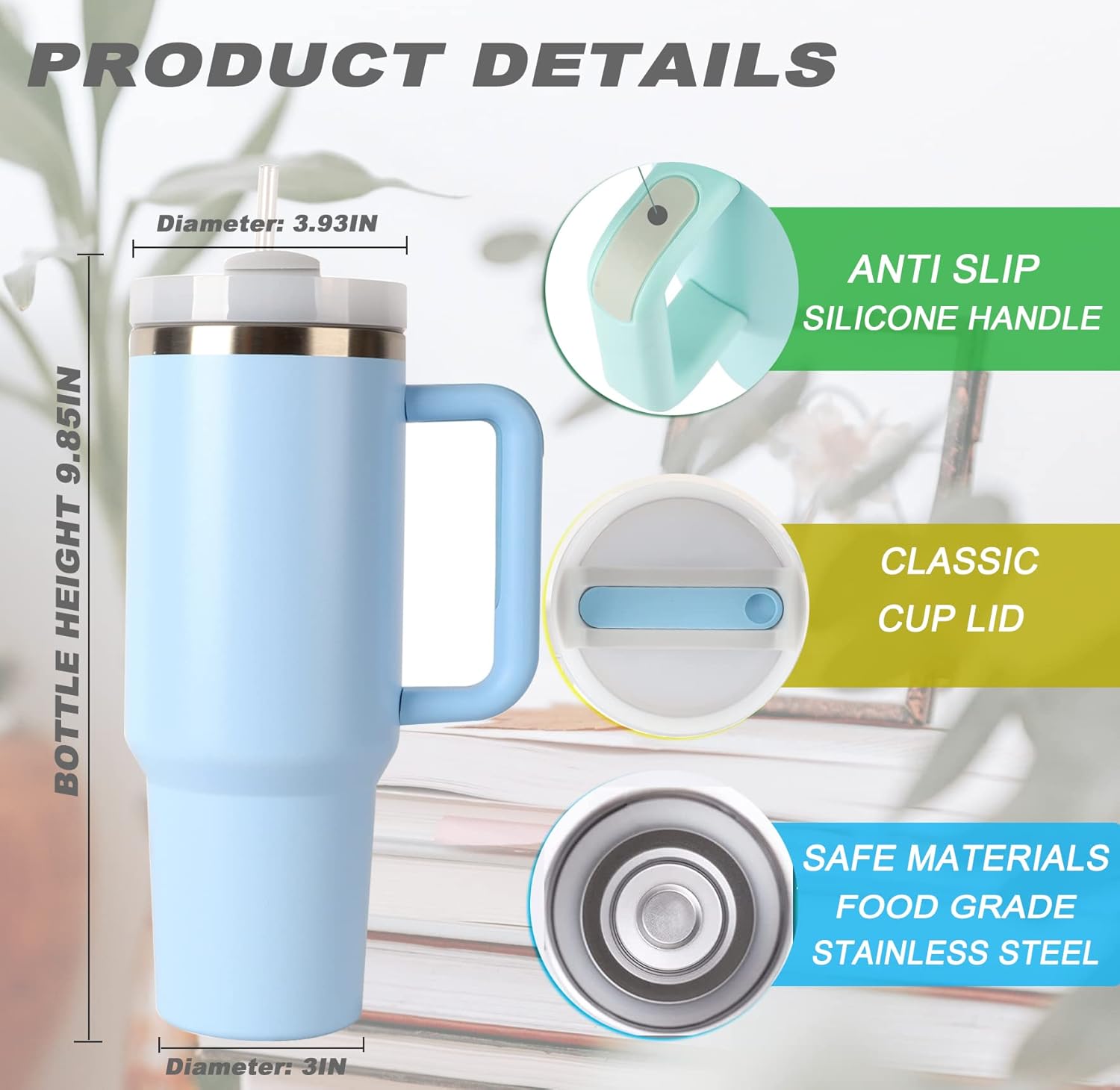 Vaso de 40 onzas con asa y tapa con pajilla, taza de viaje de acero inoxidable, botella de agua, reutilizable, aislada al vacío, a prueba de