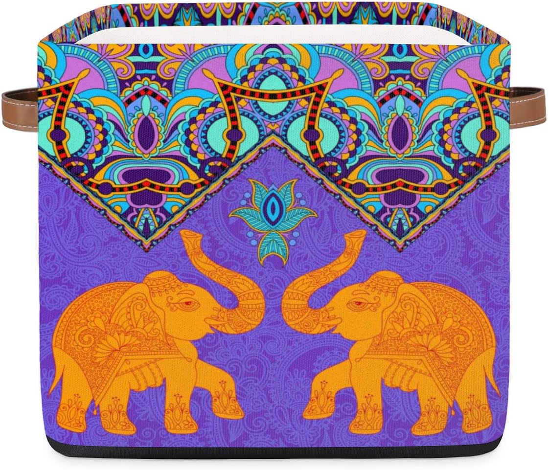 Cesta de almacenamiento plegable de tela con diseño vintage de dos elefantes, 13 x 13 x 13 pulgadas, cubos cuadrados con asas para el hogar, sala de