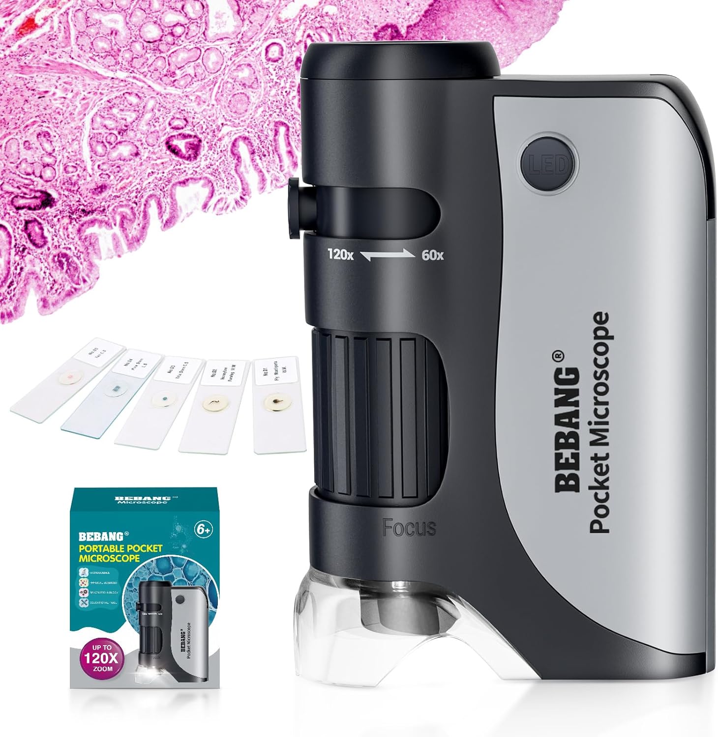 BEBANG Microscopio de bolsillo, mini microscopio de mano 60X-120X para niños con zoom iluminado LED, kits de microscopio portátil con 5 diapositivas