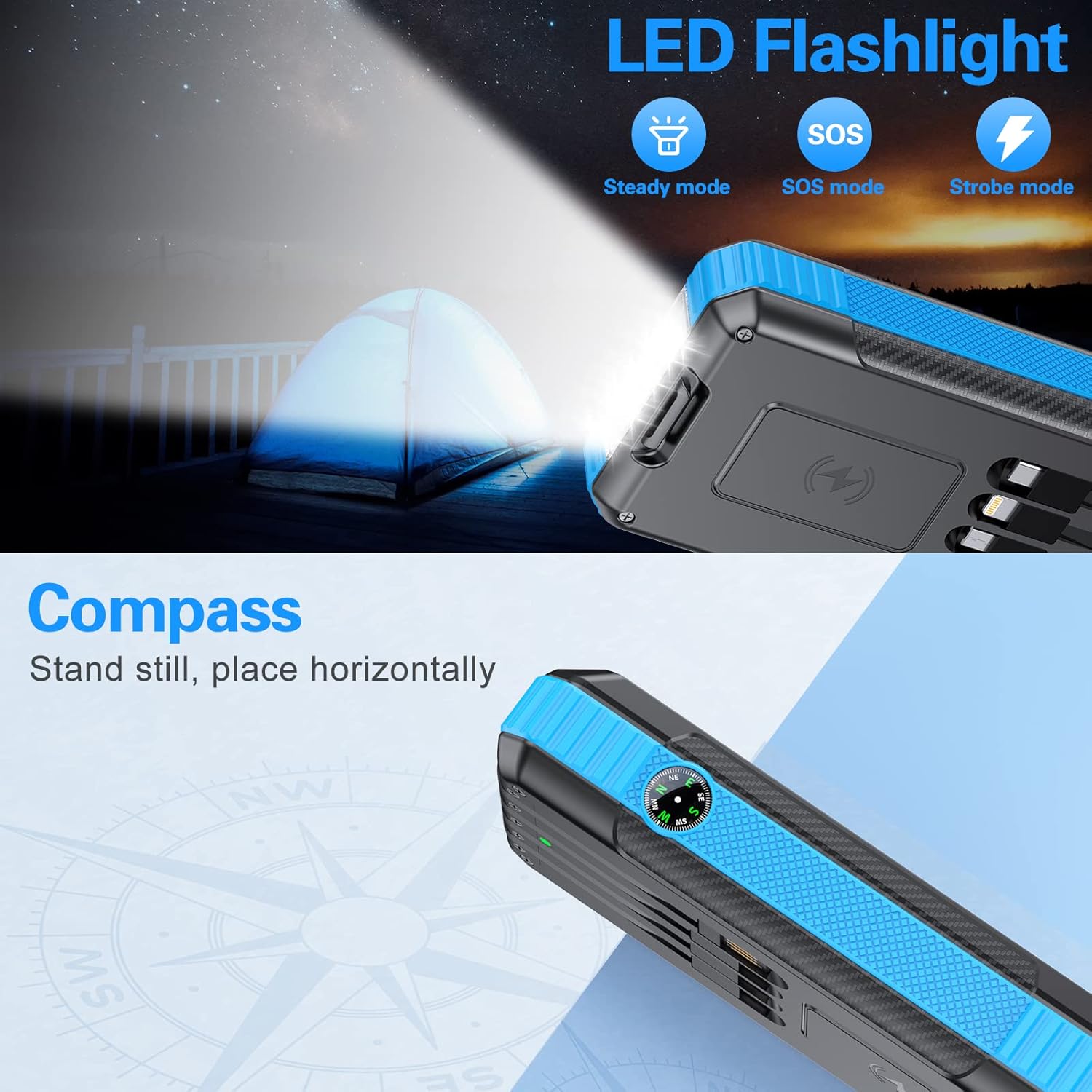 Banco de energía solar cargador inalámbrico 33800mAh integrado 4 cables y luces LED de campamento 22.5 W carga rápida banco de energía 7 salidas 4