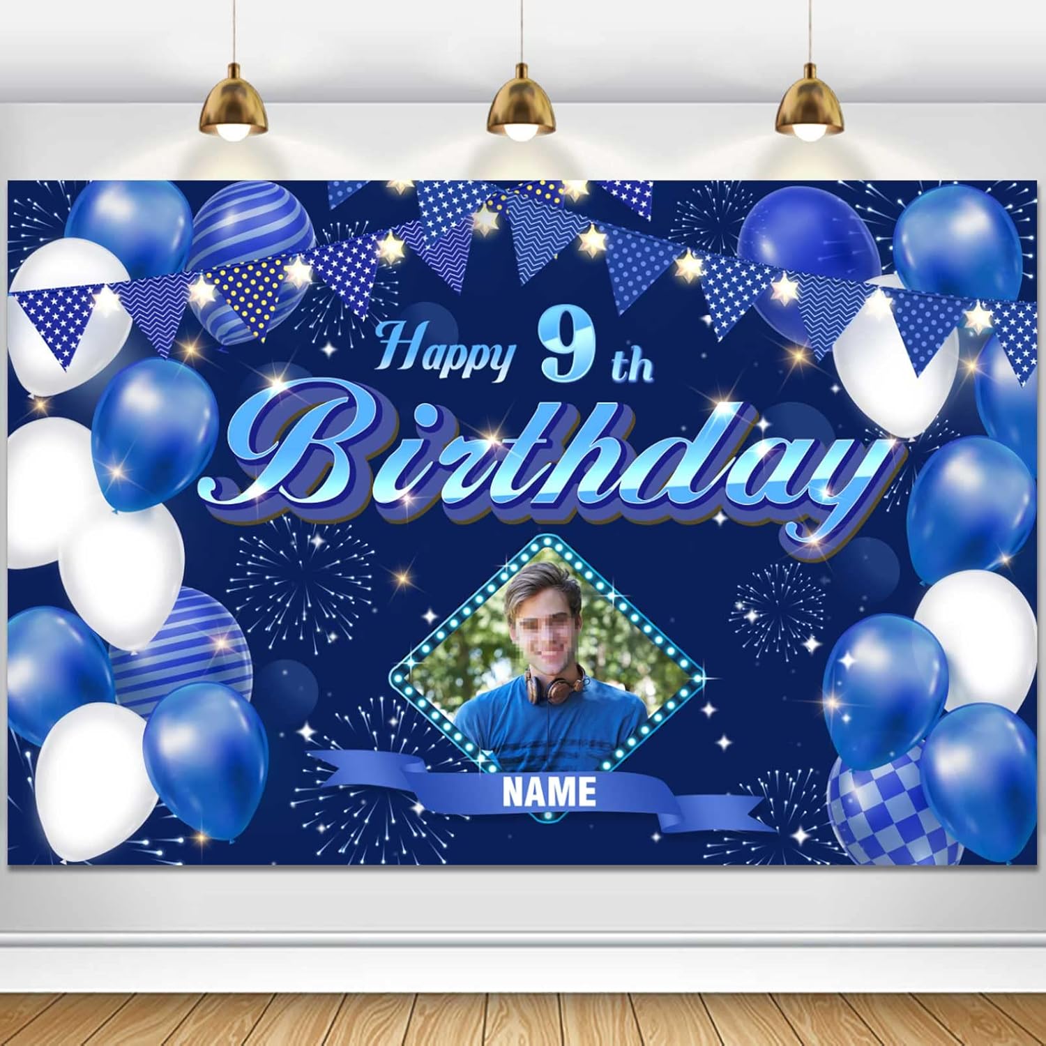 Fondo de decoración de cumpleaños número 9 azul marino personalizado, letrero de fondo de cumpleaños con purpurina, pancarta de feliz cumpleaños,