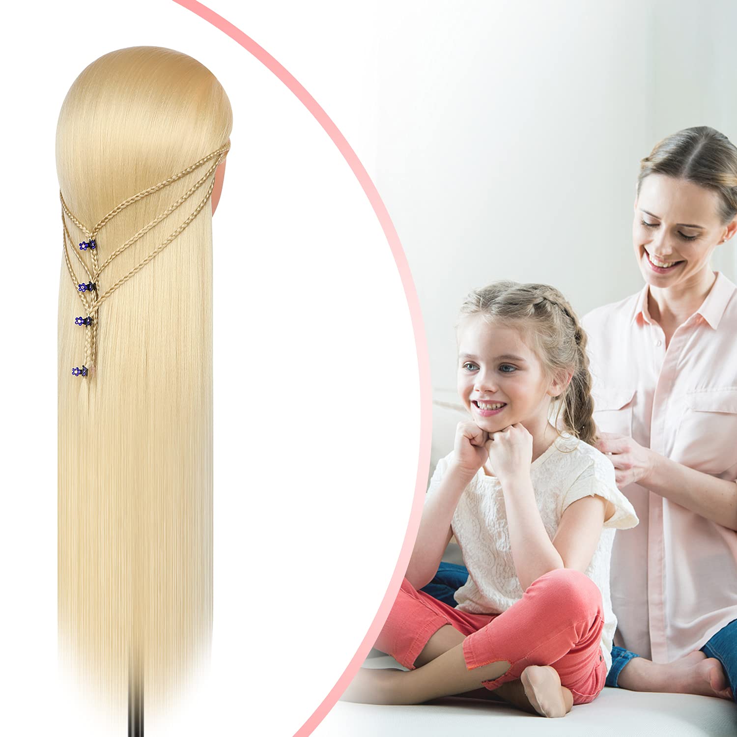 Cabeza de entrenamiento de 28 pulgadas, cabeza de peluquería 100% fibra sintética, cabeza de entrenamiento de peluquería con abrazadera gratuita y