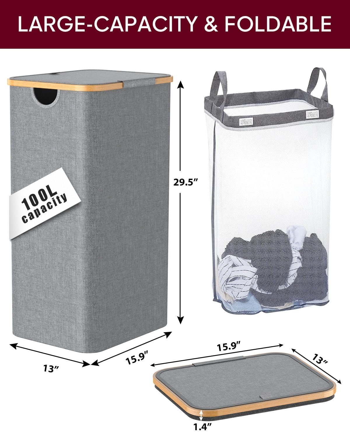 Cesta para la ropa sucia con tapa, cesta grande para la lavandería, cesta de ropa sucia, plegable y ahorra espacio (gris)