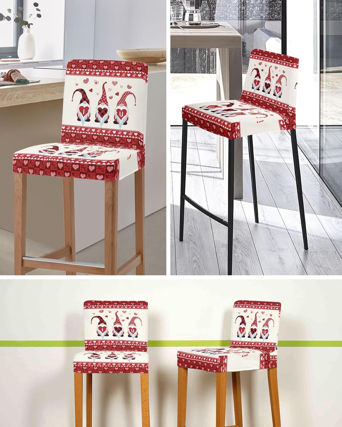 Bar Stool Covers Gnomes with Heart Stretch Removable Bar Chair Cover I Love You Red Buffalo Check Plaid Counter Slipcovers for Kitchen Pub Dining