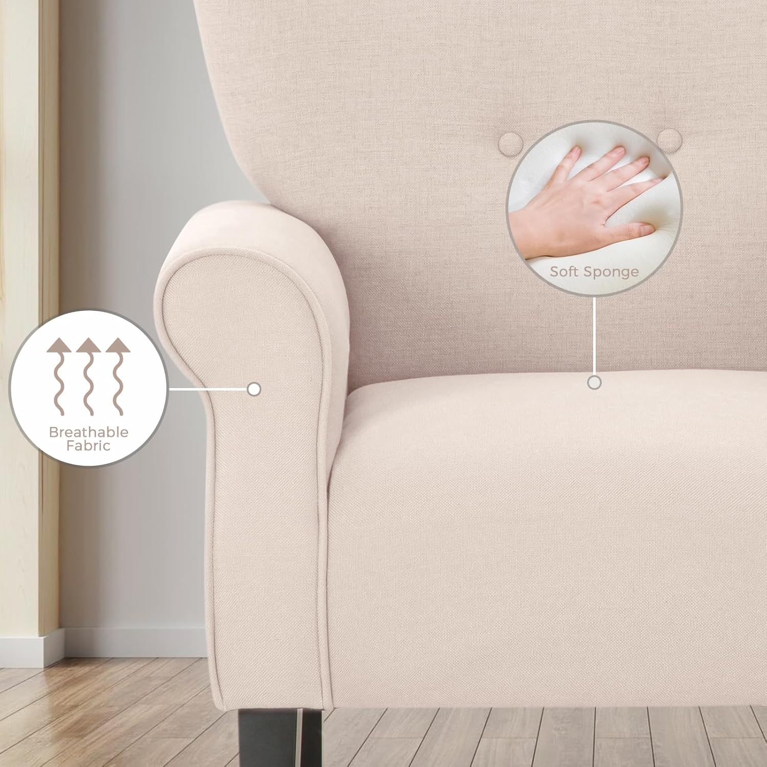 Mellcom – Sillón moderno, sillón con respaldo alto,Sofá individual tapizado con tela y con patas de madera para sala de estar, dormitorio,Club
