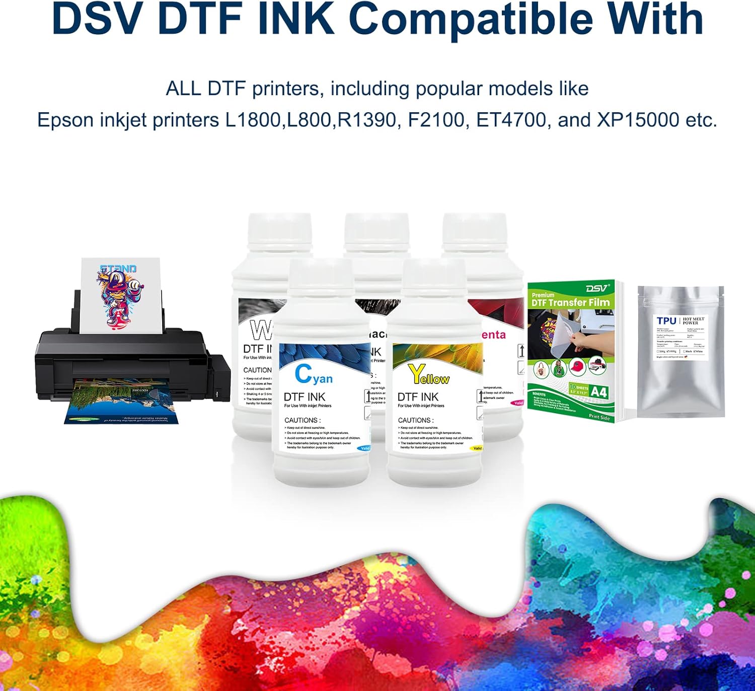 DSV Tinta DTF para impresión de película de transferencia de calor DTF directamente a película, repuesto para impresoras DTF Epson L1800, L800,