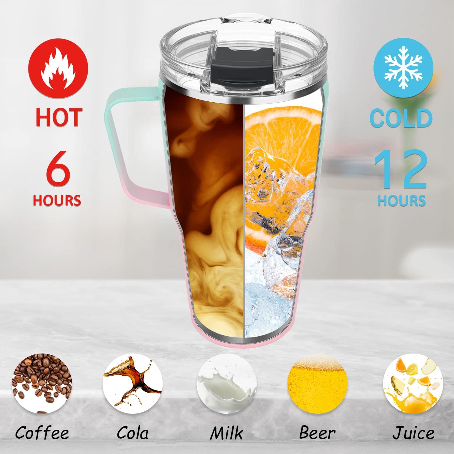 Sursip Vaso aislado de 40 onzas con tapa de rosca, de acero inoxidable con pajillaasa, mantiene las bebidas frías hasta 24 horas, a prueba de sudor