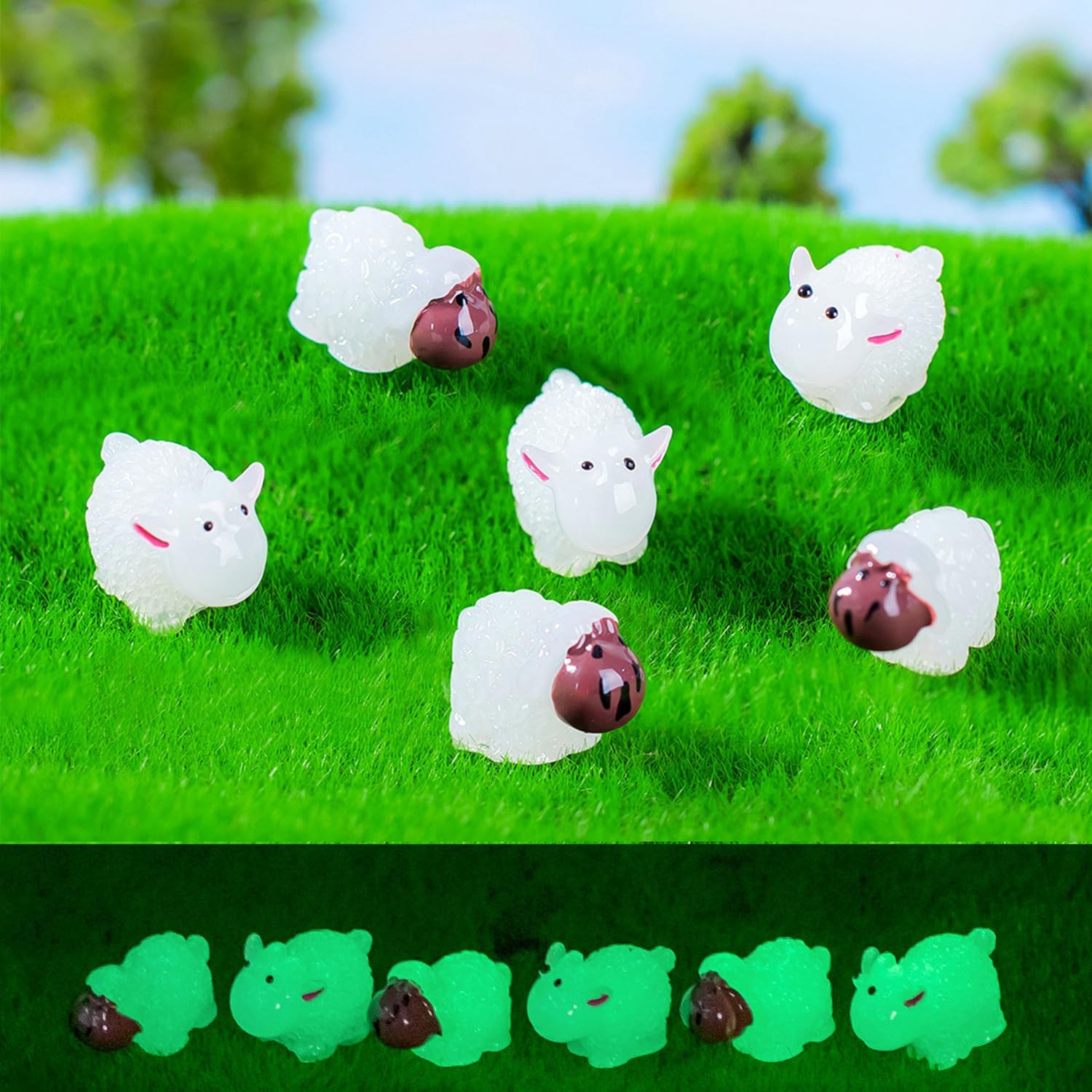 50 piezas luminosas de micro paisaje de ovejas de resina, mini figuras de oveja en miniatura para bricolaje jardín de hadas en miniatura paisaje de