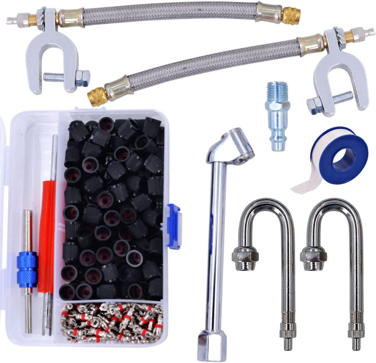 Kit de vástago de válvula doble flexible  Acero inoxidable vástago en “J” de 180 grados (2)  Extensiones de 7 pulgadas (2)  Cabeza angular (1)
