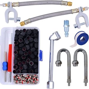 Kit de vástago de válvula doble flexible  Acero inoxidable vástago en “J” de 180 grados (2)  Extensiones de 7 pulgadas (2)  Cabeza angular (1) Kit de vástago de válvula doble flexible  Acero inoxidable vástago en “J” de 180 grados (2)  Extensiones de 7 pulgadas (2)  Cabeza angular (1)