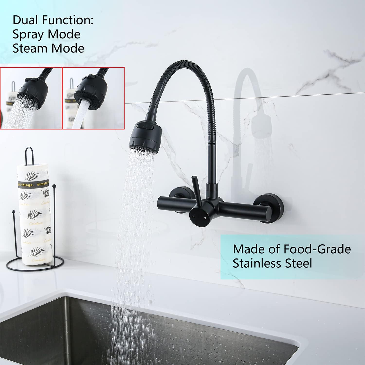 ZHYICH Grifo de fregadero de cocina con pulverizador, grifo mezclador de acero inoxidable, acabado negro mate, certificado NSF y sin plomo para