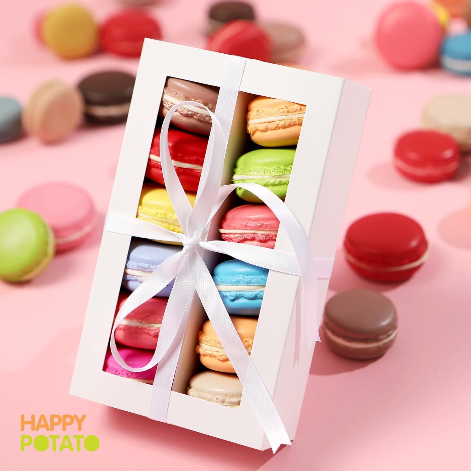Paquete de 15 cajas de macarrones para 12, 7.2 x 4 x 1.9 pulgadas, cajas de embalaje de macarrones, cajas de macarrón blanco con ventana