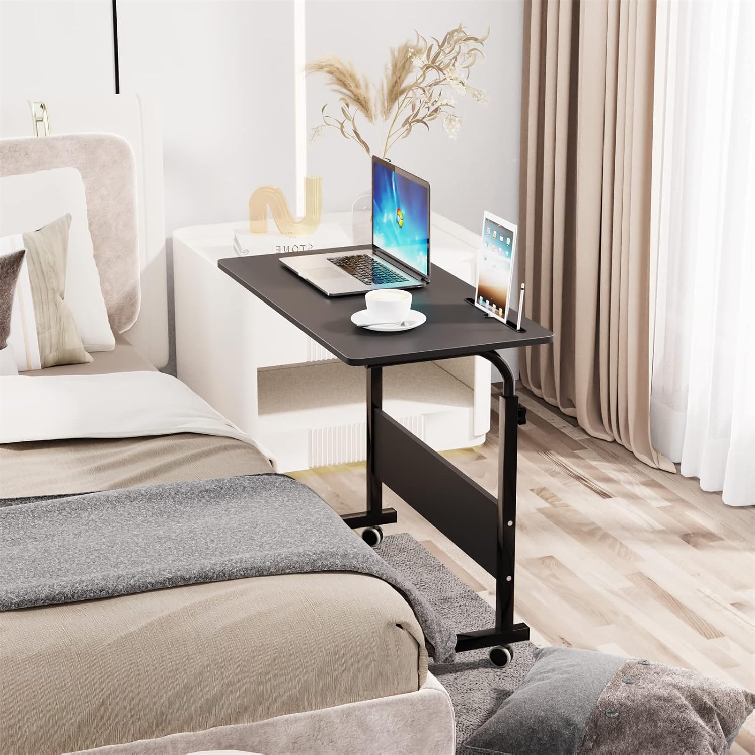 soges Mesa auxiliar móvil de 31.5 pulgadas, mesa de sofá con ranura y ruedas, escritorio para computadora portátil, ajustable, soporte para