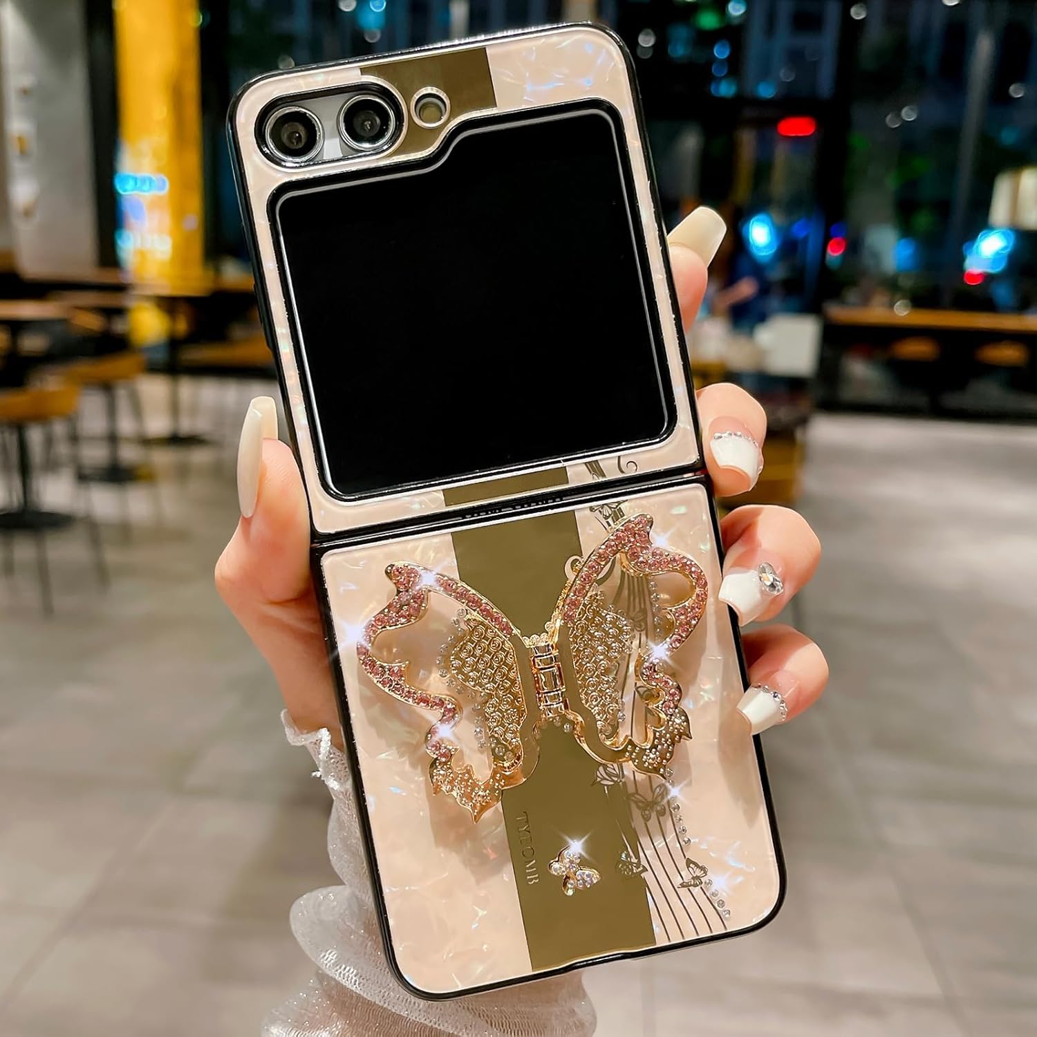 Omio – Funda diseñada para Samsung Galaxy Z Flip 5 con soporte, bonito diseño de mariposa 3D con purpurina brillante, diseño de mariposa 3D, TPU