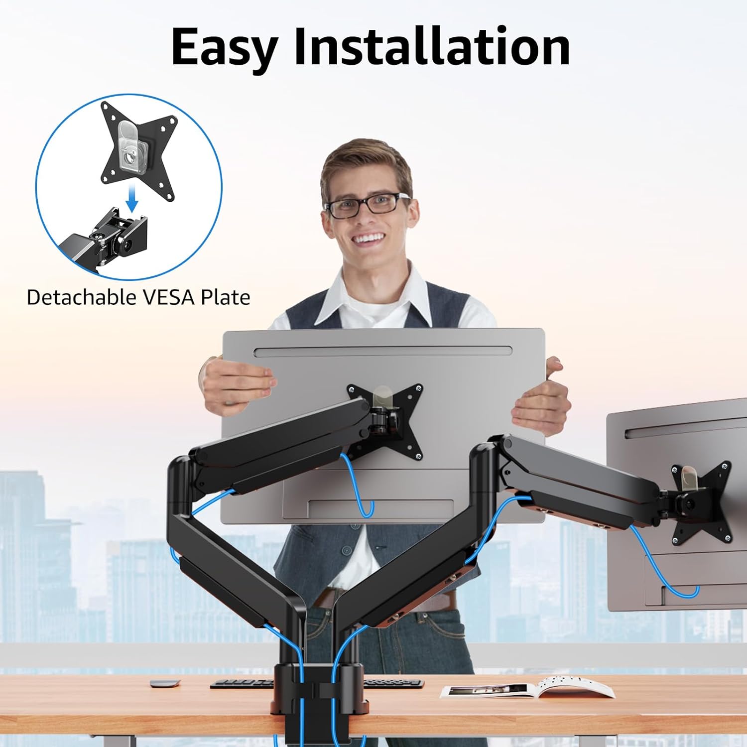 MOUNTUP Soporte de monitor doble para pantalla ultraancha de 17 a 42 pulgadas, soporta 6.6-33 libras, soporte de escritorio con brazo de monitor