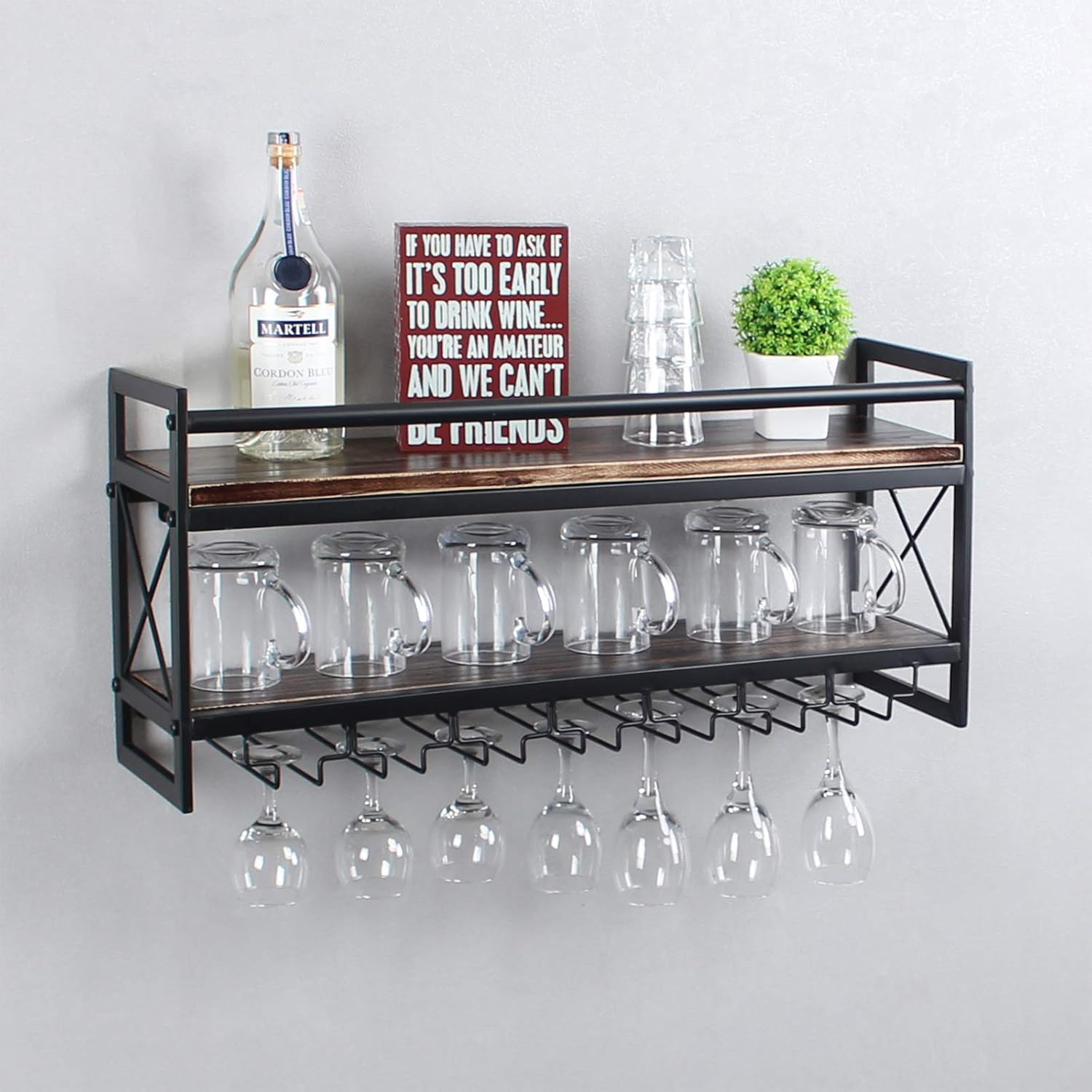 MBQQ Estante de vidrio para vino, estante industrial de madera de 2 niveles, estantes de vino de 30 pulgadas para montar en la pared con 7 soportes