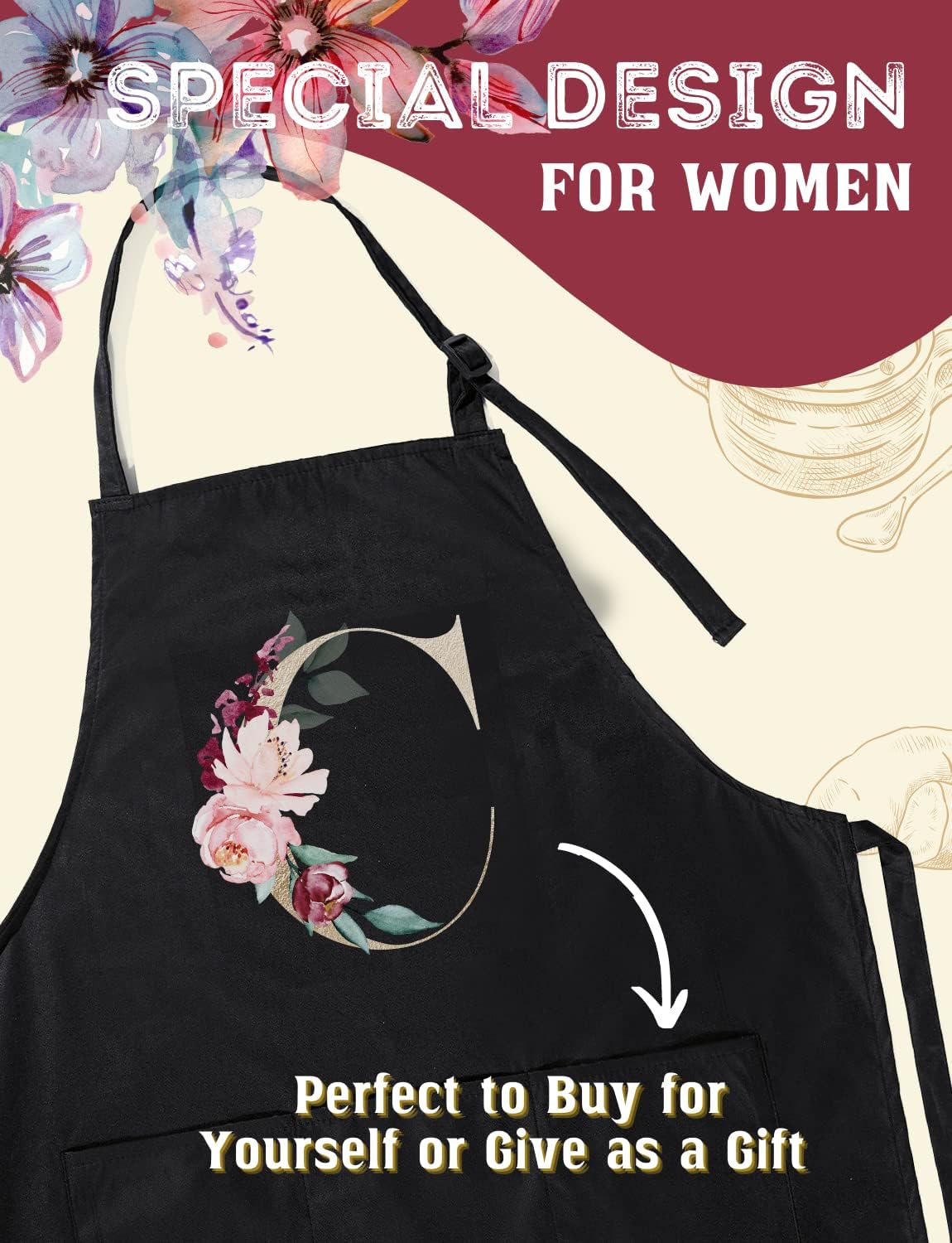 Delantal negro con inicial para mujer con bolsillos, delantal de jardinería de cocina, regalos para ella, chef, mamá