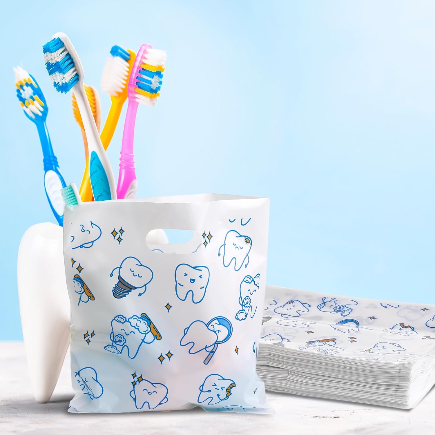 200 bolsas de plástico para dientes para el cuidado del paciente, bolsas de regalo de plástico dental con asas para higienista dentista, embalaje de