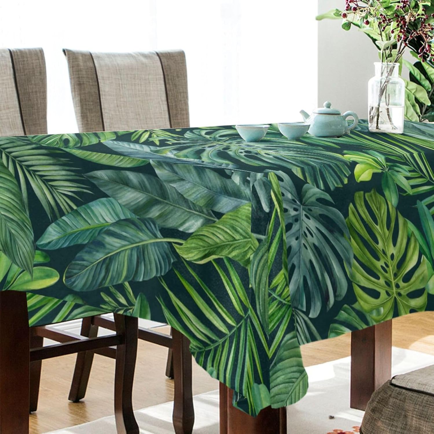 ZOEO Mantel rectangular con estampado de hojas de palmera tropical, color verde, moderno, mantel decorativo lavable para mesa de cocina, comedor,