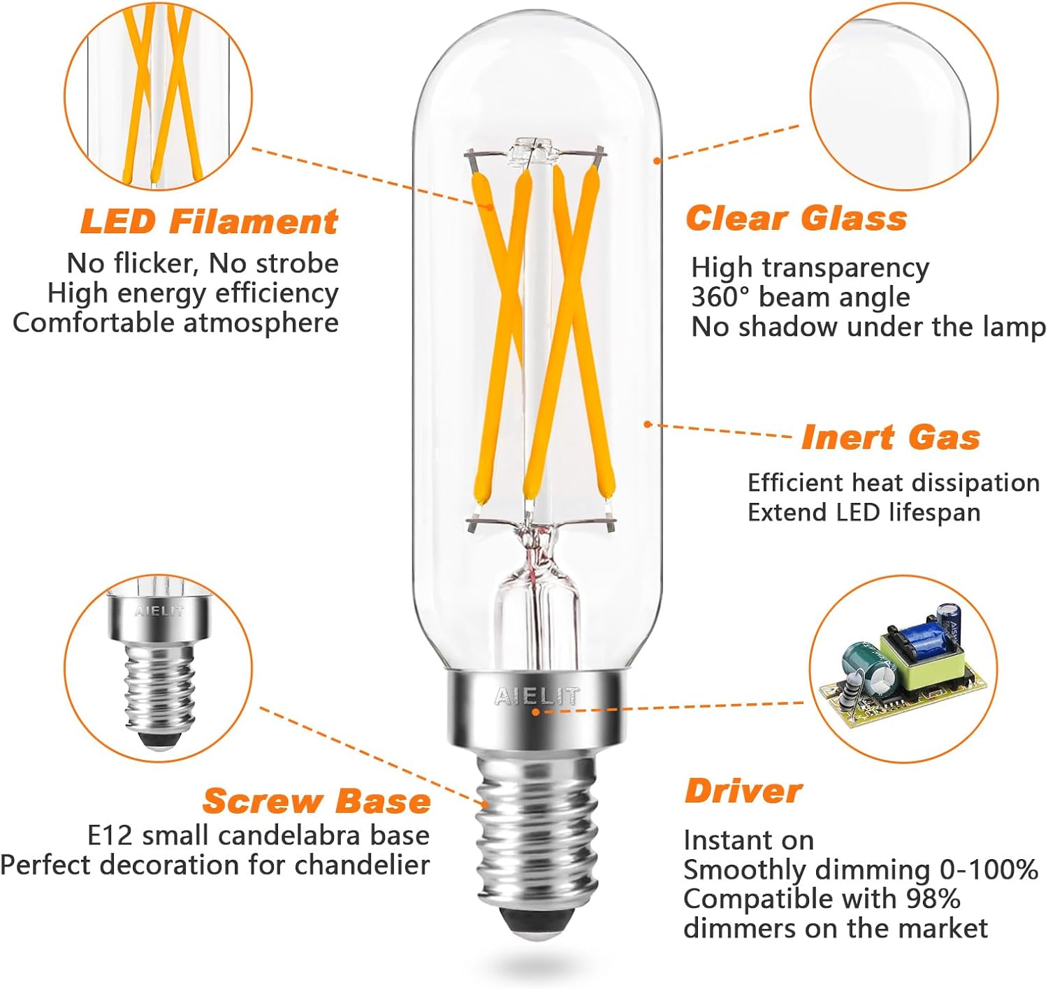 Bombilla LED E12 (regulable 0  100%), bombillas de luz T8 de Aielit, 4 W equivalentes a 40 W incandescente, filamento vintage, bombilla de