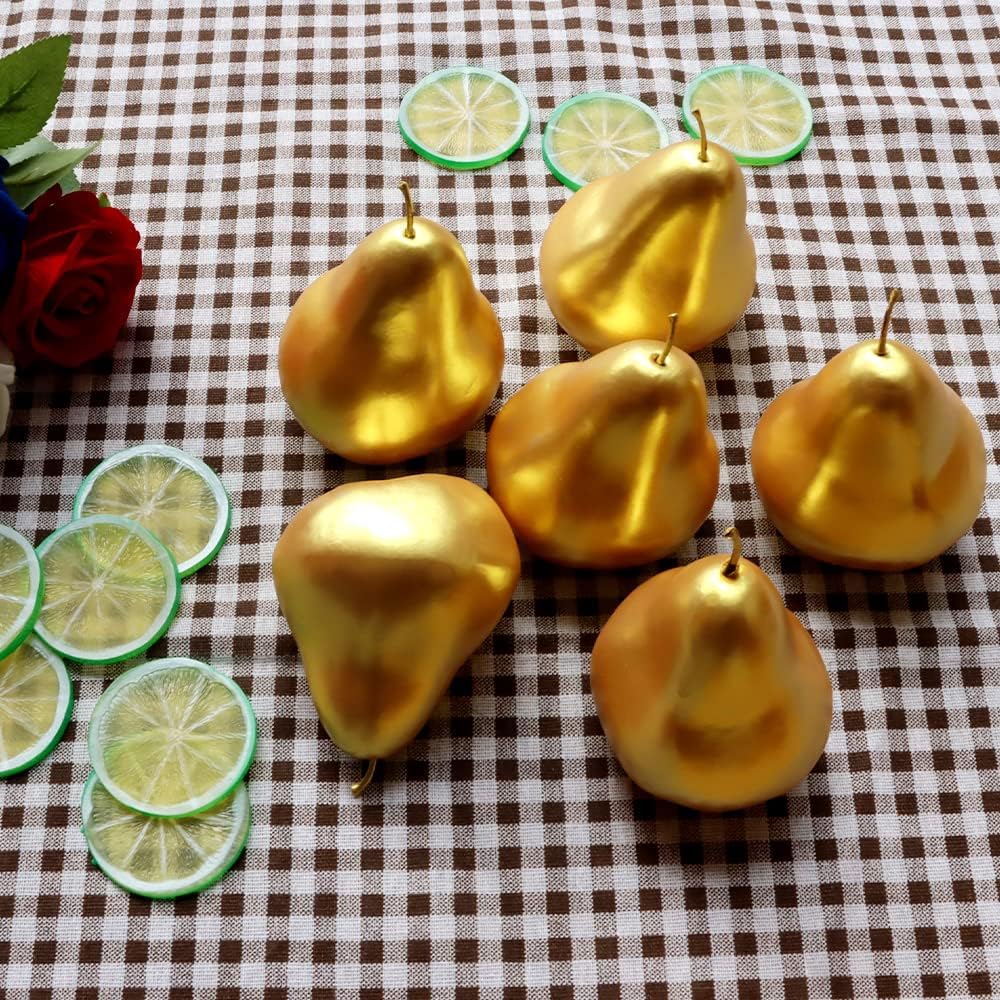 WJboand 6 piezas de frutas falsas artificiales realistas de imitación de pera dorada simulación vacaciones fiesta de cumpleaños exhibición de cesta