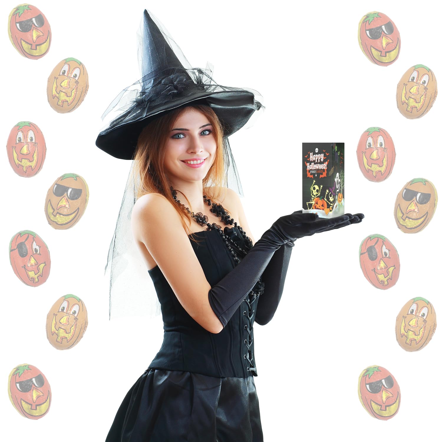 Amigos de calabaza de Halloween, rellenos de bolsas de fiesta de truco o trato, envueltos individualmente en láminas de diseño de cara de calabaza