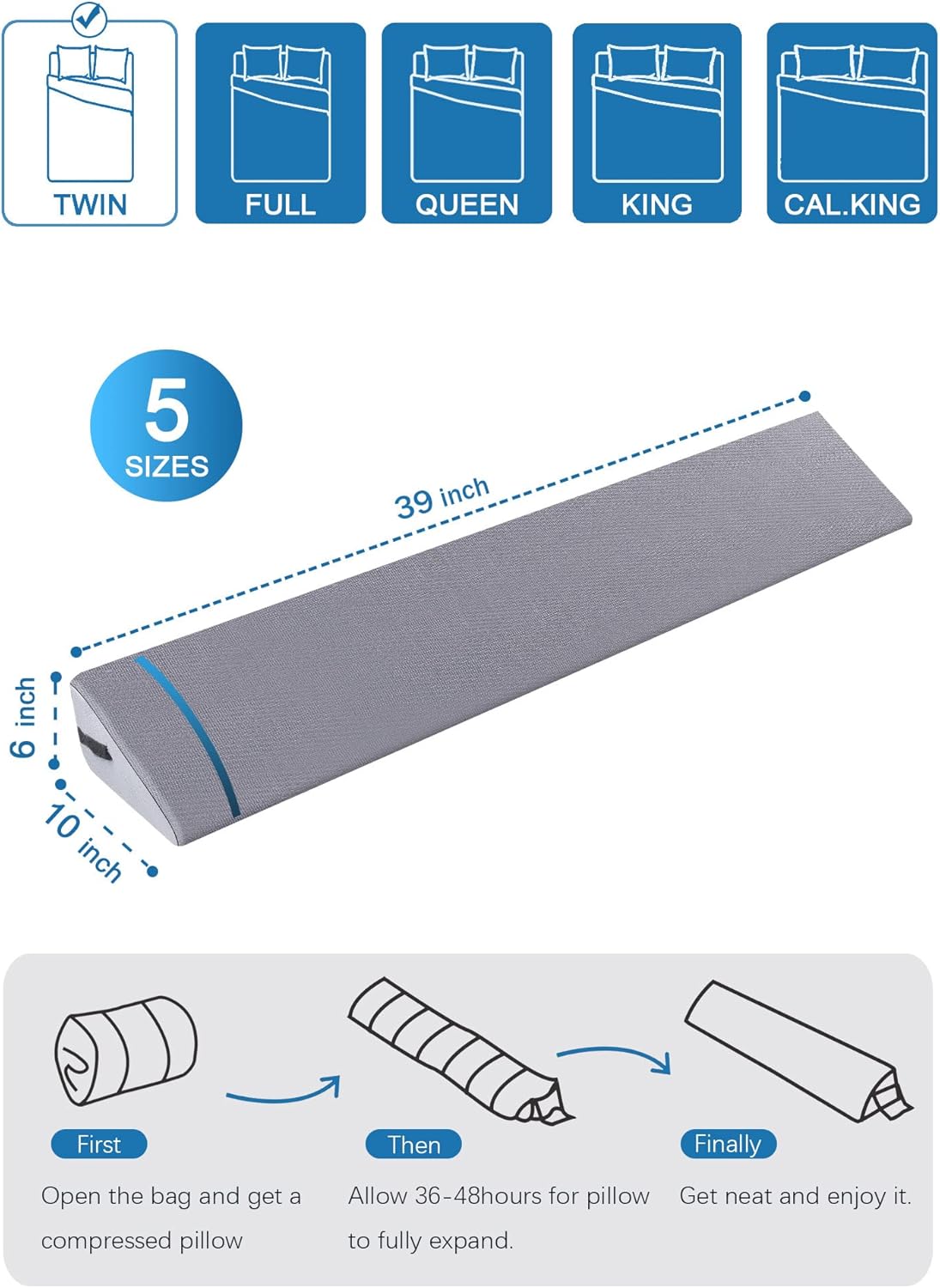 Almohada de cuña de cama tamaño individual para cabecero, relleno de huecos de cama, almohada de cabecero, cuña de colchón para cerrar el espacio