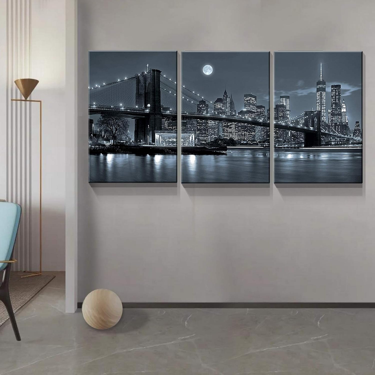 Denozer – 3 paneles de impresiones artísticas en lienzo – Impresiones modernas de Nueva York, paisaje urbano, puente de Brooklyn, arte de pared para