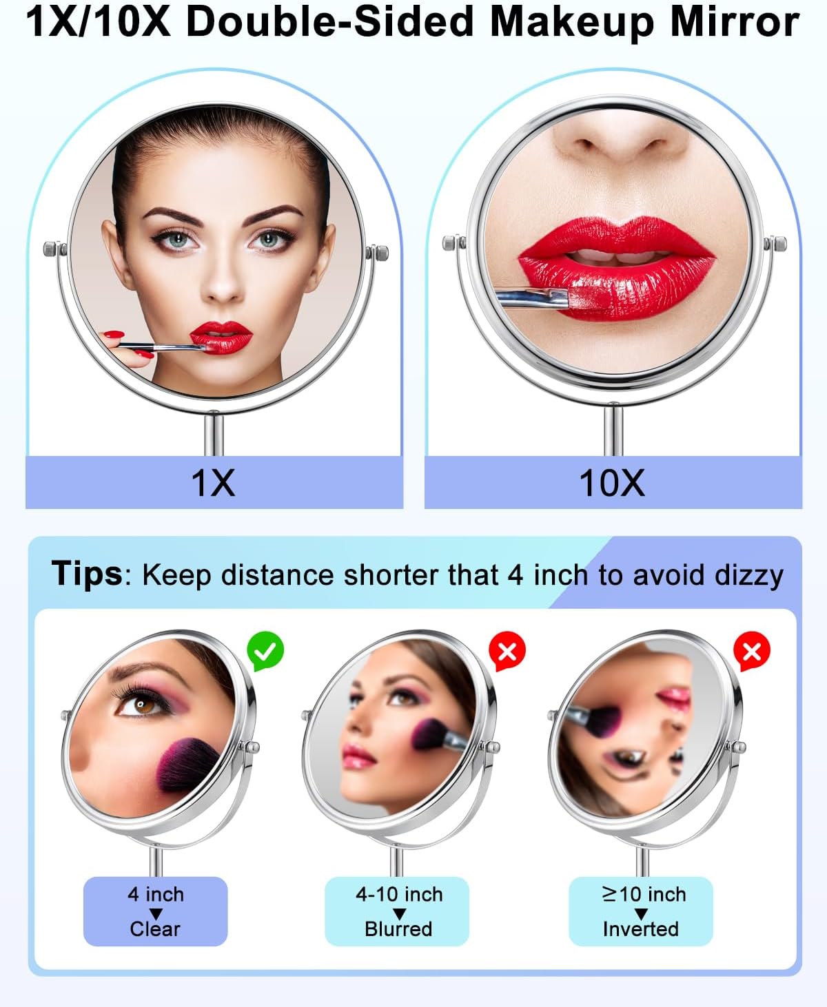 ALHAKIN 10 espejos de maquillaje con aumento, espejo de maquillaje de doble cara de 8 pulgadas para escritorio, espejo de mesa giratorio con base de