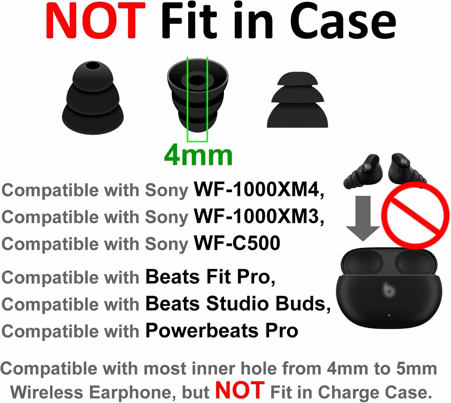 9 pares de puntas de oreja de triple brida con aislamiento de ruido, tapones de gel con orificio interior de 0.157 in para diámetro interior de