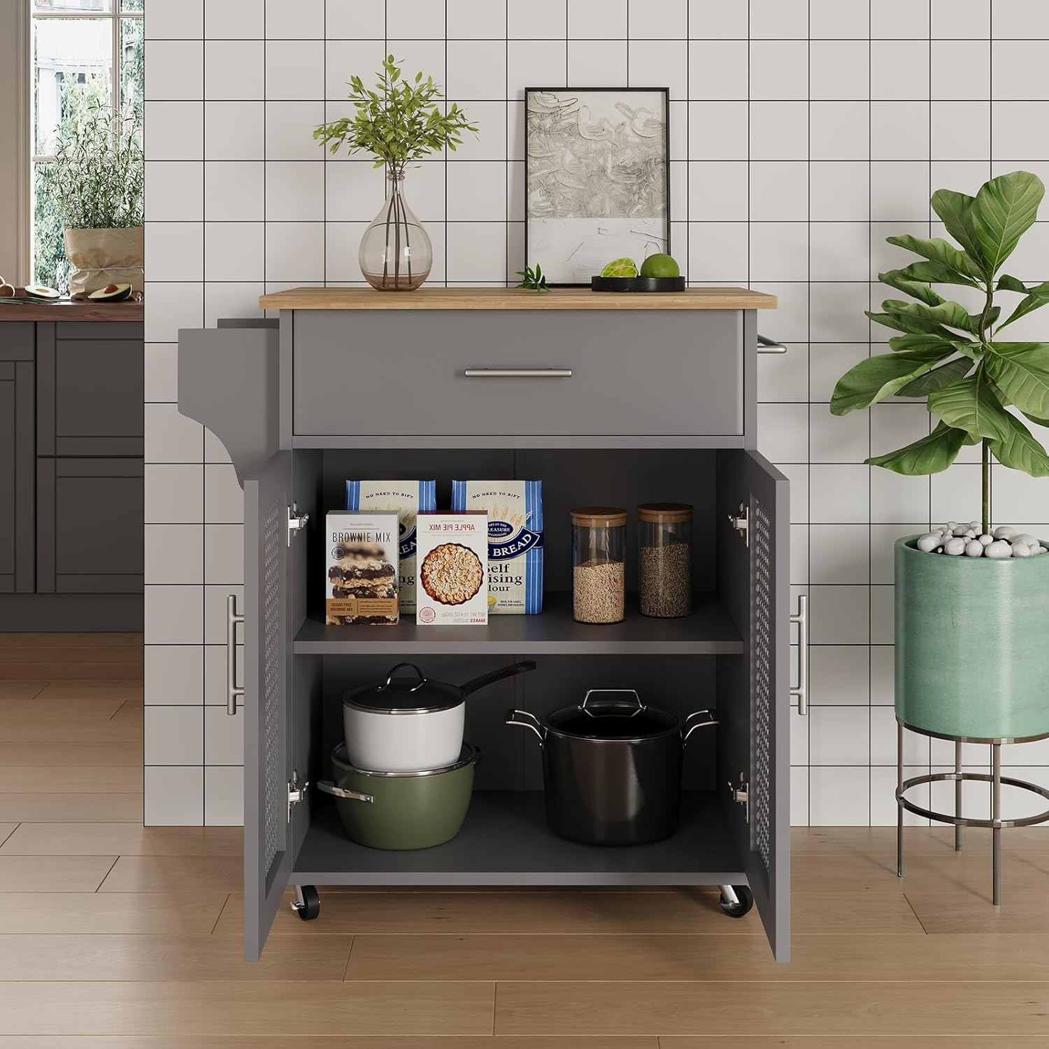 Tornama Isla de cocina con almacenamiento, isla de cocina rodante sobre ruedas con encimera de madera maciza, carrito de isla de cocina con gabinete