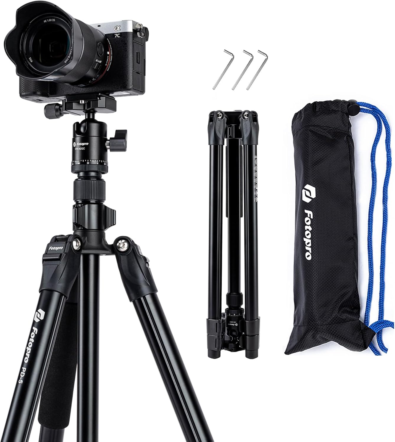 Fotopro Trípode de viaje de 73 pulgadas, trípode ligero de aluminio para cámara con cabeza de bola de 360, placa QR para videocámara DSLR, carga