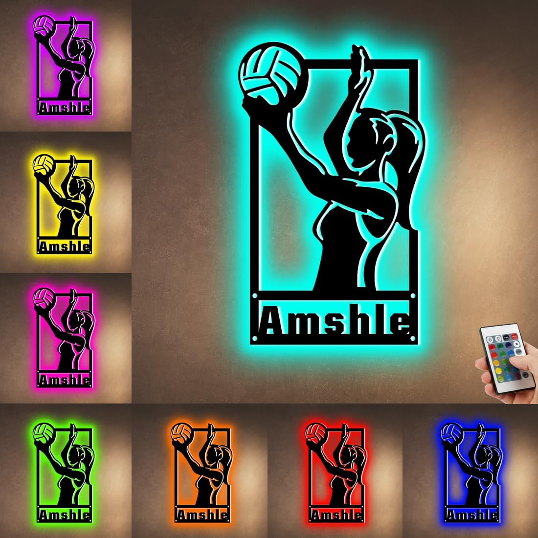 Letrero de neón personalizado para jugador de voleibol con luz LED de 16 colores, decoración de letrero de neón de metal con nombre de voleibol,