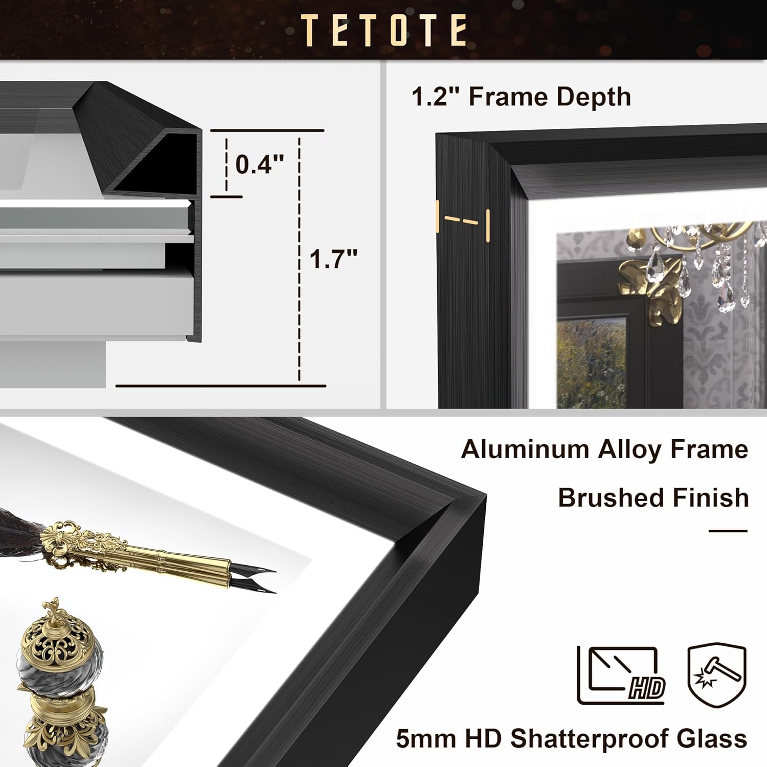 TETOTE Espejo LED de 72 x 36 pulgadas para baño, marco de metal negro frontal y retroiluminado, espejo de tocador barroco, gótico, antivaho sin